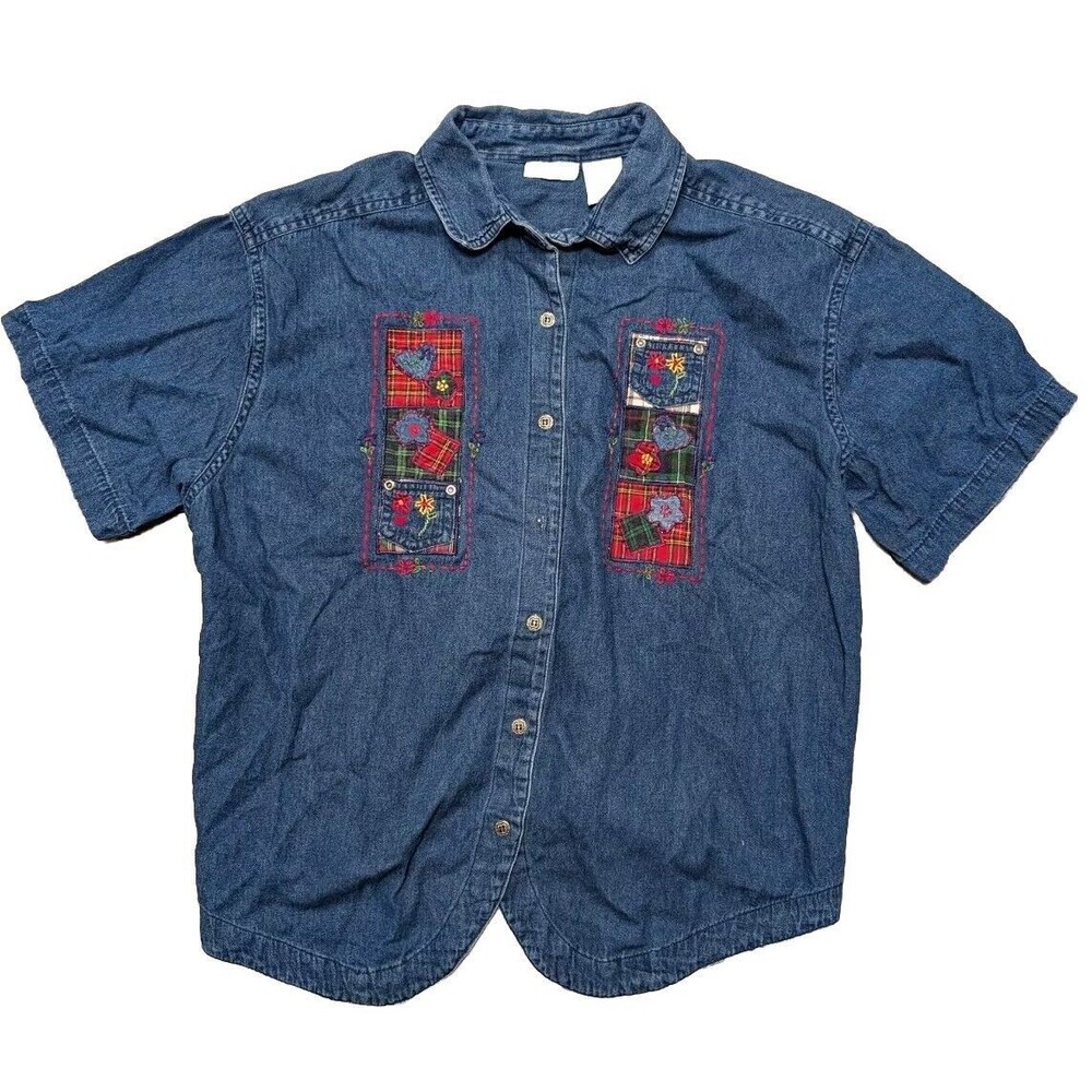 VJ Woman Denium Women’s Top Blouse  Embroidered Flowers Size 20w